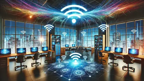 Dall e 2024 09 20 14.13.48   a vibrant scene representing advanced wireless technology in a business environment. focus on the atmosphere of a modern office or workspace with mult