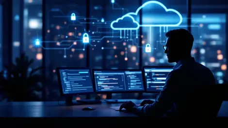 Modern office workspace it professional cloud servers digital security glowing data lines