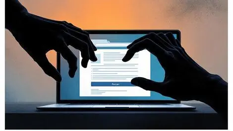 Abstract digital illustration laptop screen browser shadowy hands digital intrusion