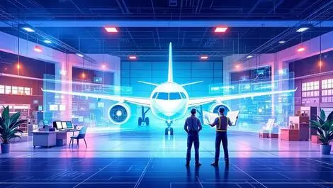 Story image (Engineers examining aircraft digital blueprints modern aerospace facility collaboration)