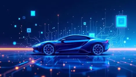 Story image (Abstract futuristic car silhouette with floating circuit chip design ai semi tech)