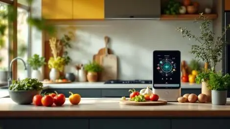 Modern australasian kitchen sleek touchscreen appliance fresh ingredients innovation sustainability