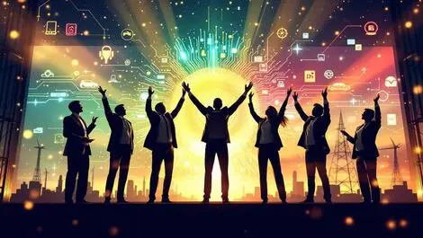 Story image (Modern corporate award ceremony professionals celebrating achievements with digital technology circuits ev icons green energy industrial sustainability)