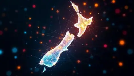 New zealand map digital network lines bright and dimmer areas illustration