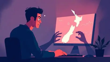 Worried new zealand taxpayer computer shadowy hands data map outline nz