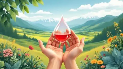 Realistic new zealand landscape hands holding transparent blood drop surrounded by healthy food and nature motifs