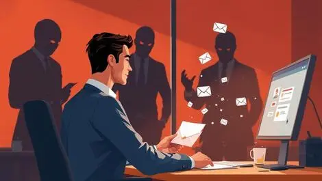 Businessperson opening suspicious email in australian office with shadowy cybercriminals and digital envelope icons