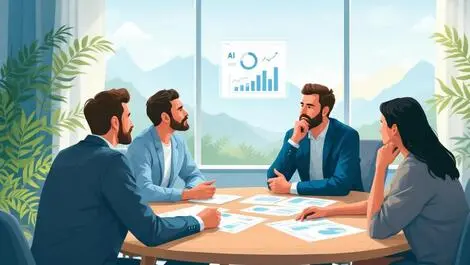 Thoughtful experts reviewing ai charts around conference table nz motifs