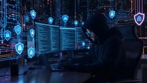 Ethical hacker working laptop digital shields network cables security