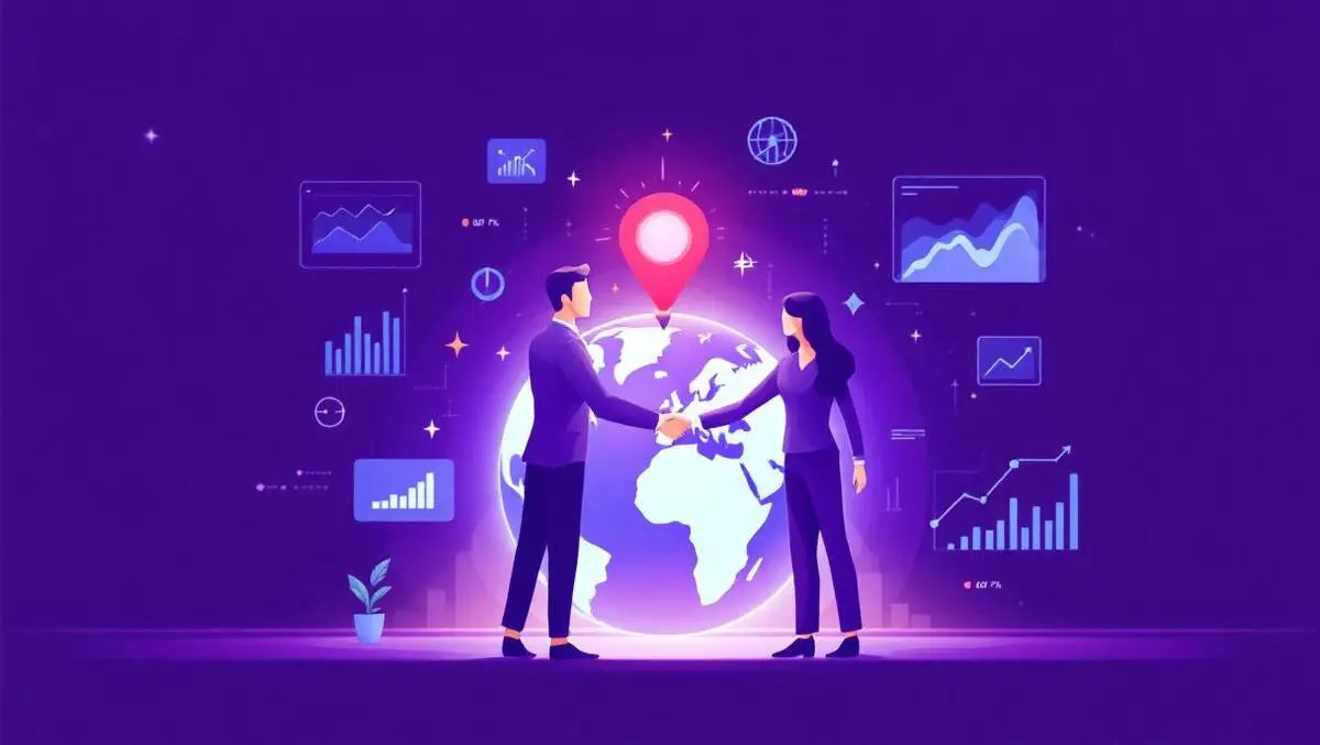 Businesspeople shaking hands over digital globe ai sales technology growth