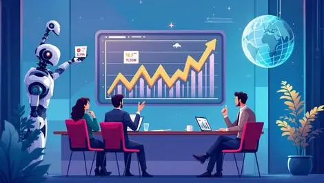 Business meeting executives discussing financial trends robot arm globe tech uncertainty