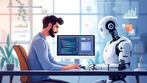 Software engineer collaborating ai robot coding digital flowcharts