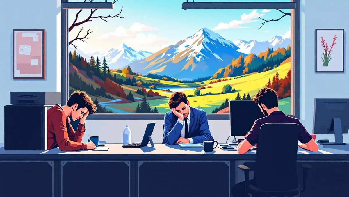 New zealand office stressed employees indoor tension outdoor serene landscape