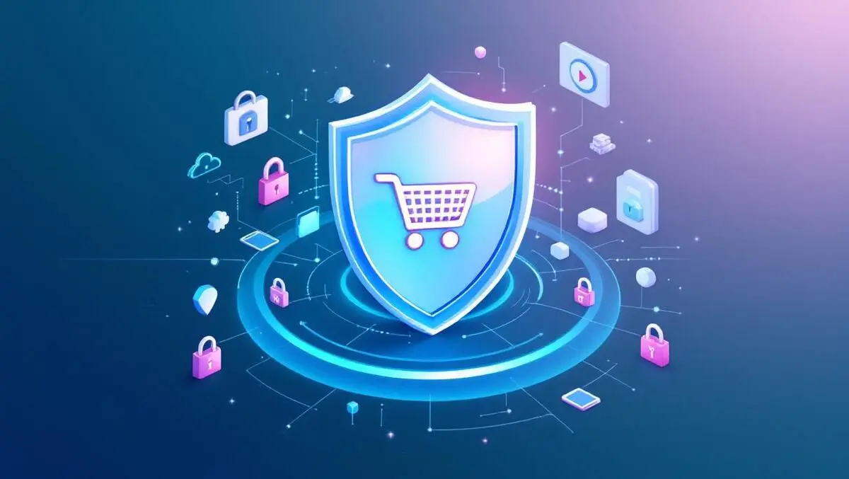 Digital shield surrounded by shopping carts and security locks for online commerce protection from ai threats