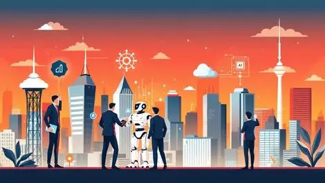 Business professionals australian new zealand city skylines ai robots collaboration