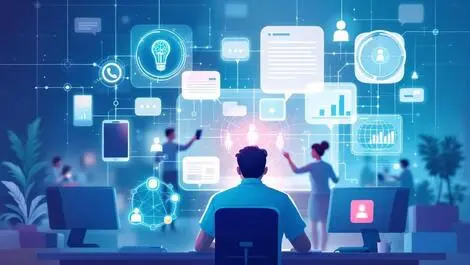 Office workers communicating collaborating computers phones ai assistance