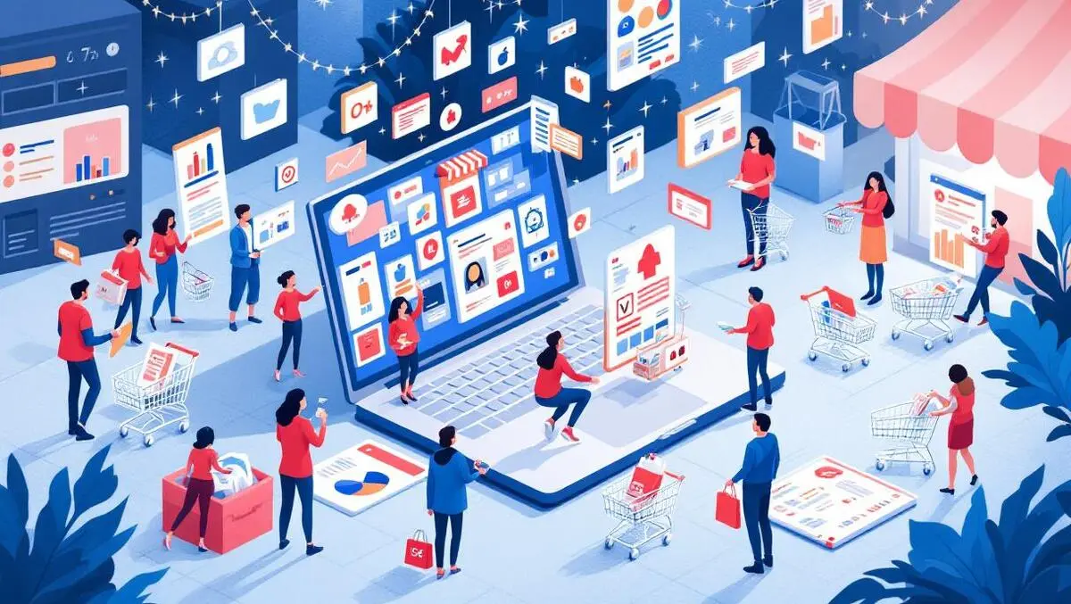 Realistic illustration bustling online shopping scene laptop products carts people us retail web activity surge