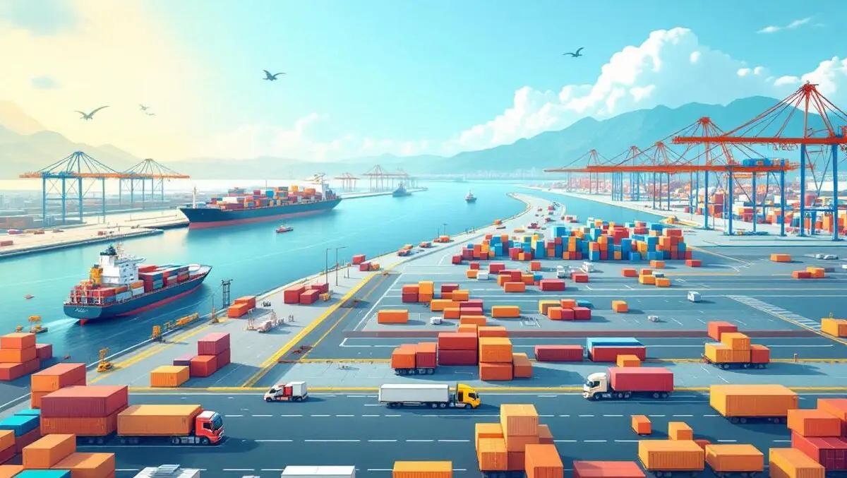 Busy apac port cargo ships warehouses trucks cranes efficient supply chain operations