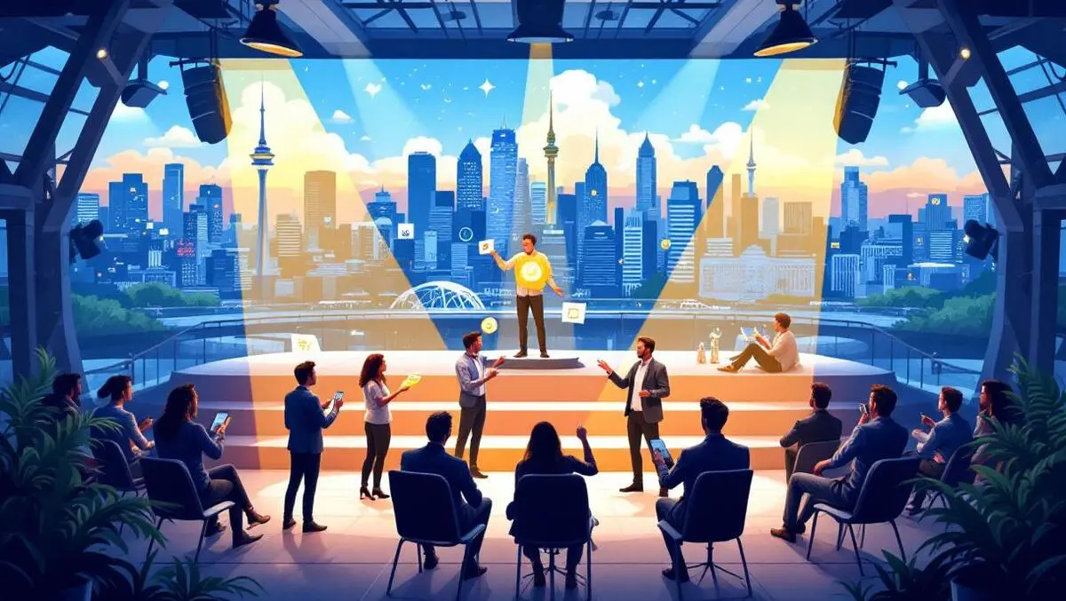 Enthusiastic entrepreneurs presenting innovative ideas to investors in modern arena with auckland city skyline