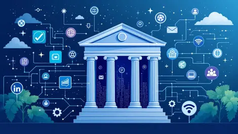 Bank building digital data streams fintech icons data access control monetization