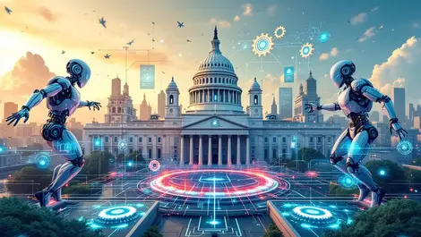 Government buildings digital networks gears robotic figures ai automation 2030