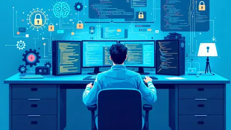 Computer programmer multiple monitors software code ai security gears productivity