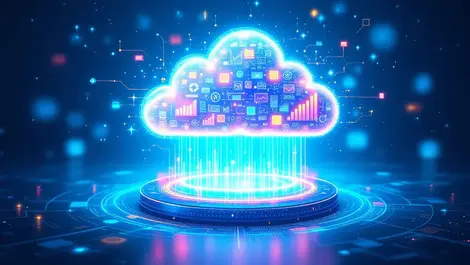 Cloud emitting glowing colorful data streams into financial analytics platform