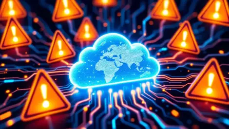 Digital cloud warning signs data leak glowing lines cybersecurity threat