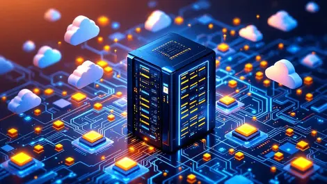 Advanced supercomputer glowing circuitry floating cloud icons ai tech lab