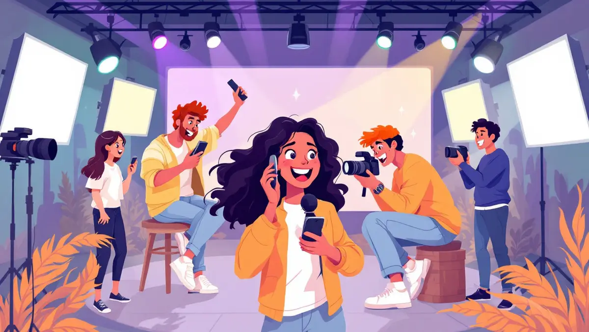 Vibrant illustration young content creators with cameras microphones studio setup