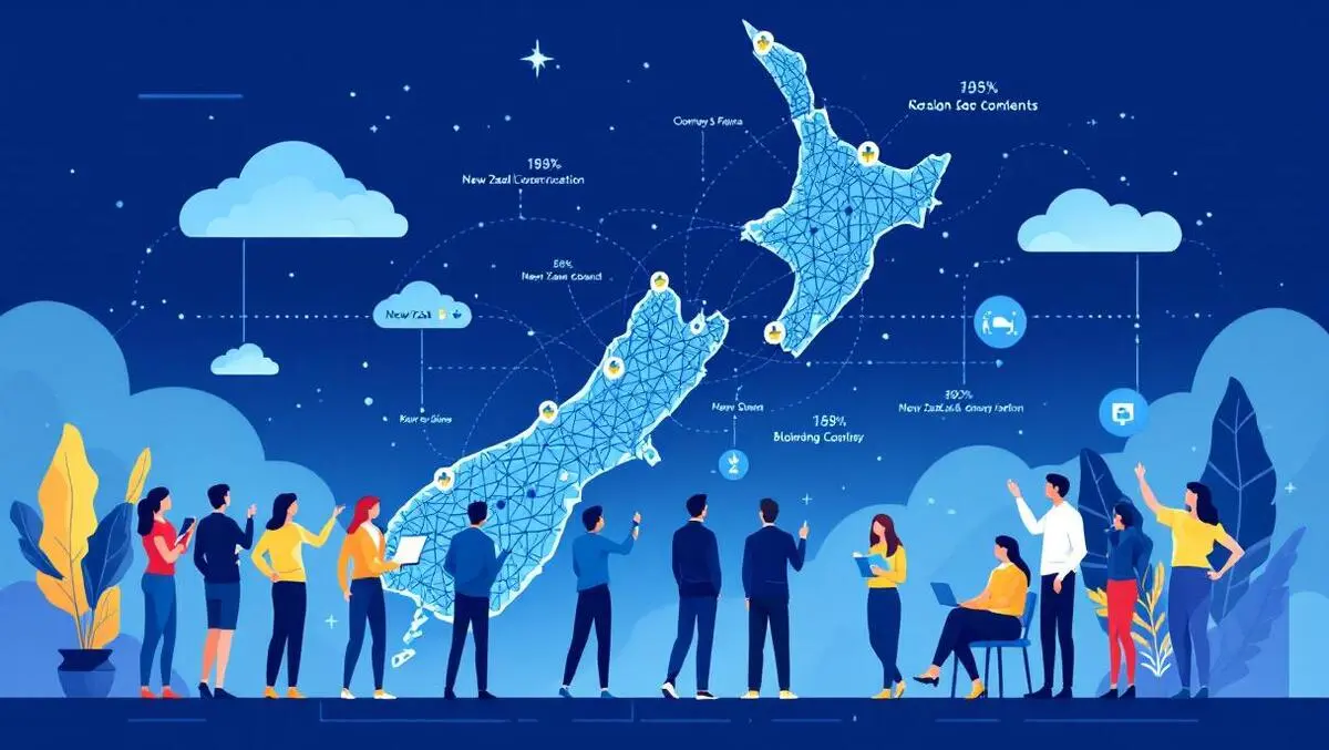 Business professionals collaborating new zealand map cloud connections saas growth