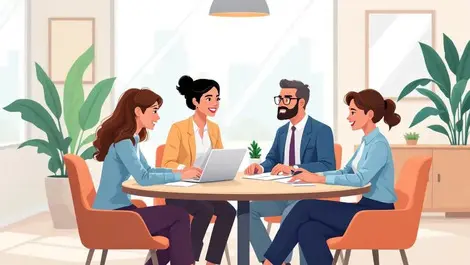 Business professionals working together around round table bright office cooperation accessibility