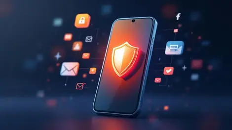 Smartphone warning shield icon digital email shopping icons online scam protection