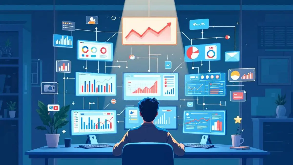 Modern office digital interfaces computer screens graphs charts analytics