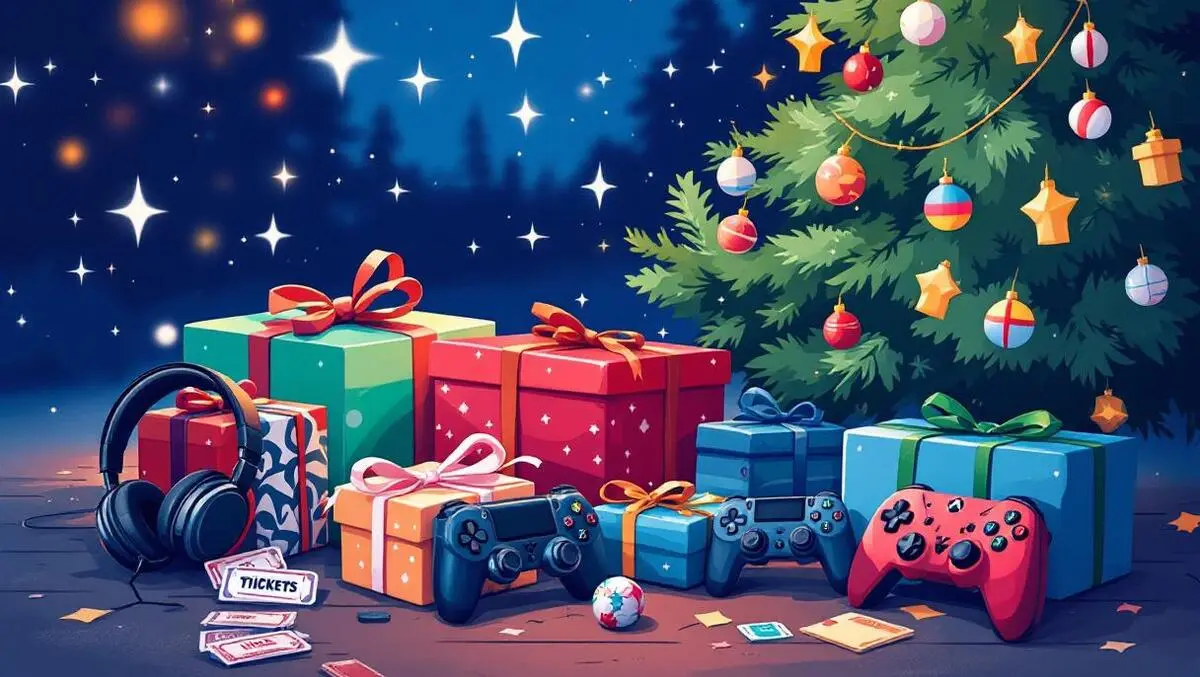Festive holiday scene wrapped gifts headphones sports gear game controllers experience tickets under christmas tree illustration