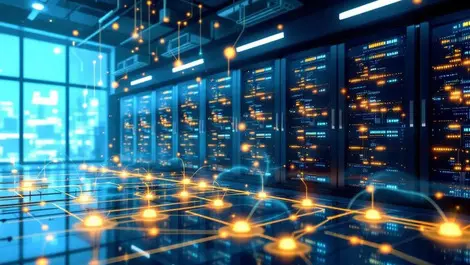 Secure server room glowing invisible connections hidden network nodes corporate network