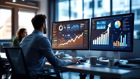 Modern office professionals collaborating technical diagrams growth charts cost savings
