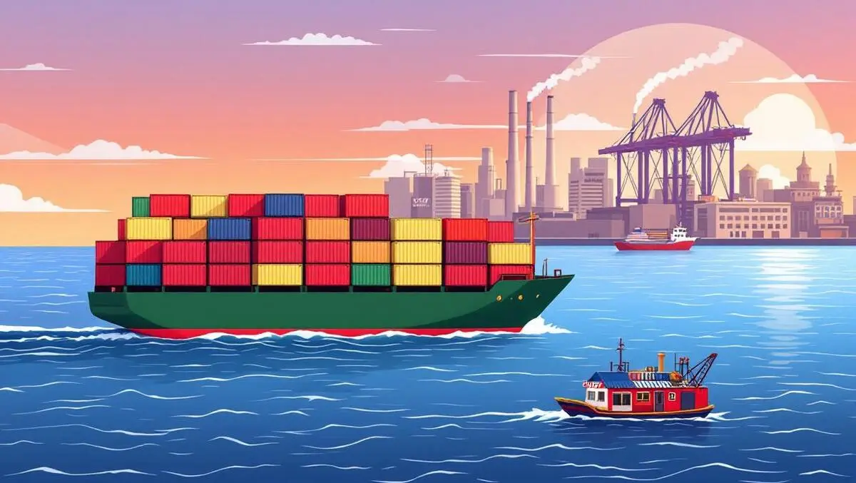 Cargo ship with containers traveling ocean linking american store to chinese factory