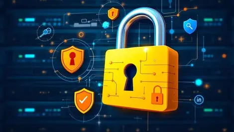 Detailed padlock illustration with digital keys shields on server racks it security