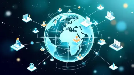 Interconnected globe people computer icons global payroll management remote work