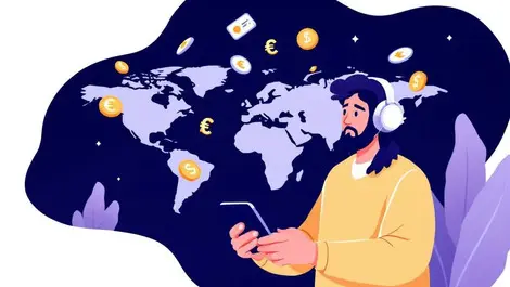 Small business owner smartphone global currency symbols world map international payments