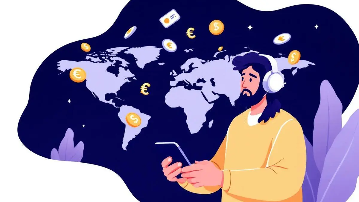 Small business owner smartphone global currency symbols world map international payments