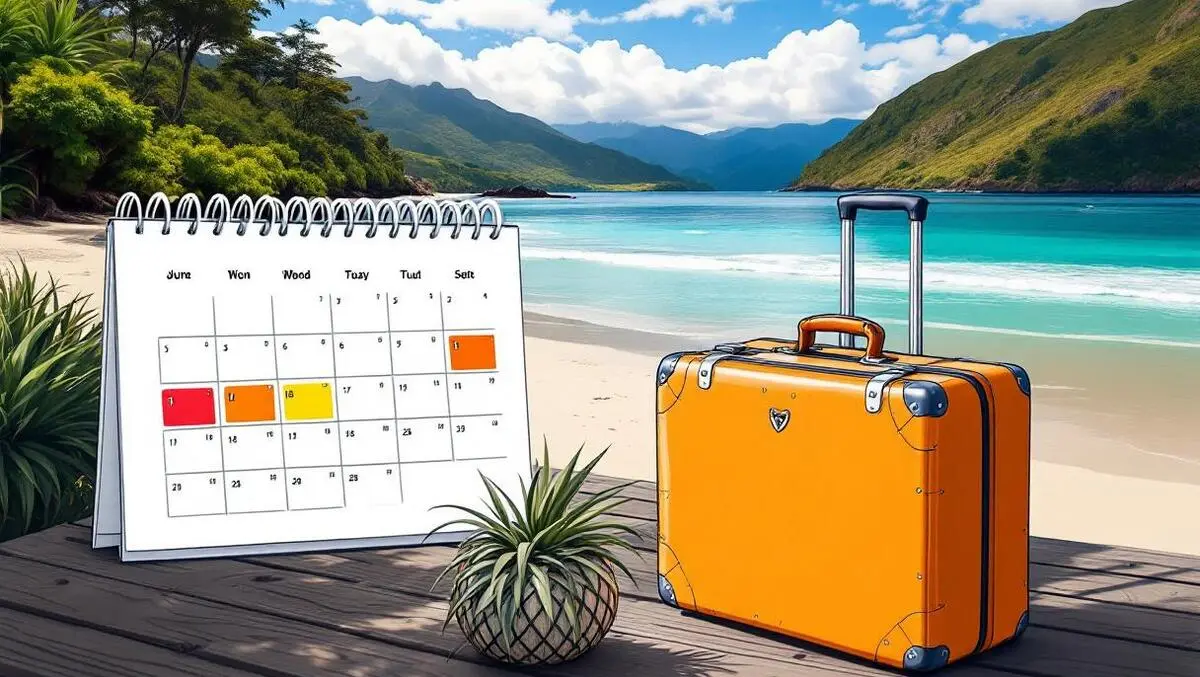Strategic holiday planning calendar suitcase new zealand beach background