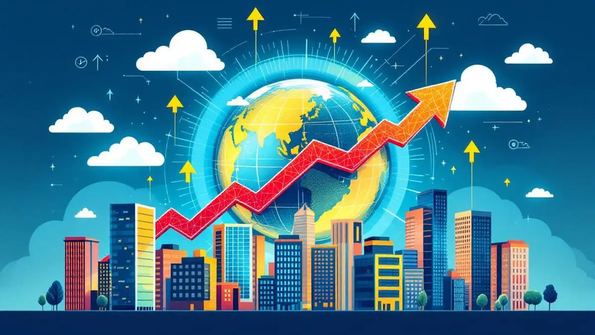 Illustration globe upward trending arrows digital clouds business growth