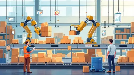 Busy warehouse automation conveyor belts robotic arms sorting packages data analytics operations