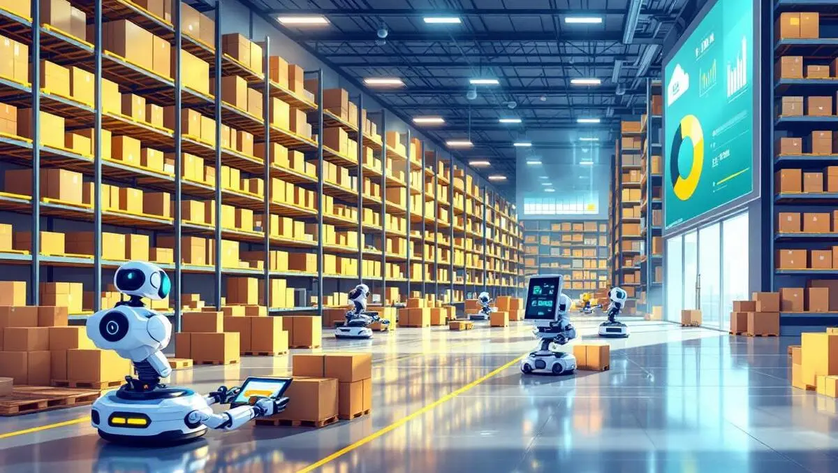 Modern warehouse interior automated robots organized shelves digital data