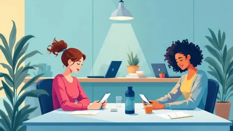 Calm office workspace relaxed employees smartphones mental health support uk nz au