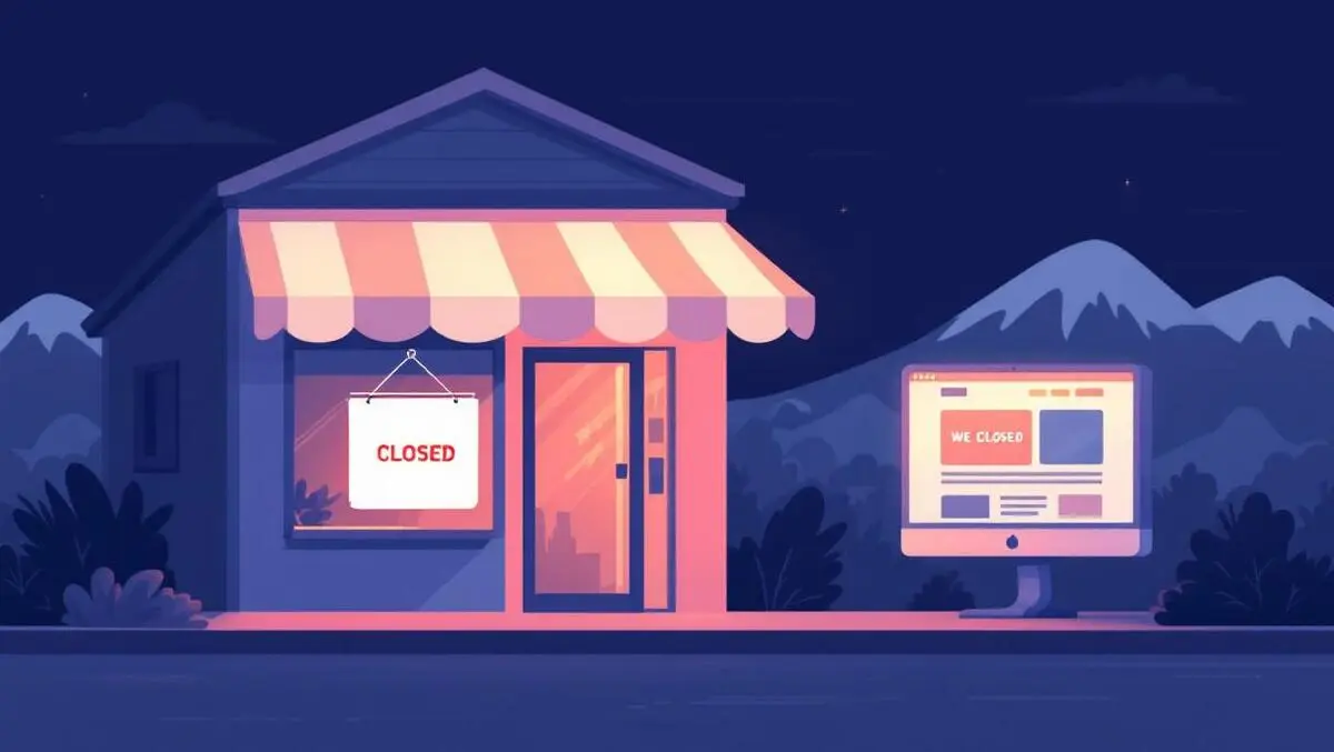 Small new zealand shopfront closed sign glowing computer monitor modern website kiwi landscape