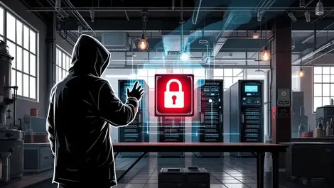 Digital illustration japanese brewery cybersecurity shadowy hacker lock symbol