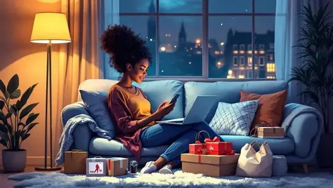 Black british woman black friday mobile shopping uk living room